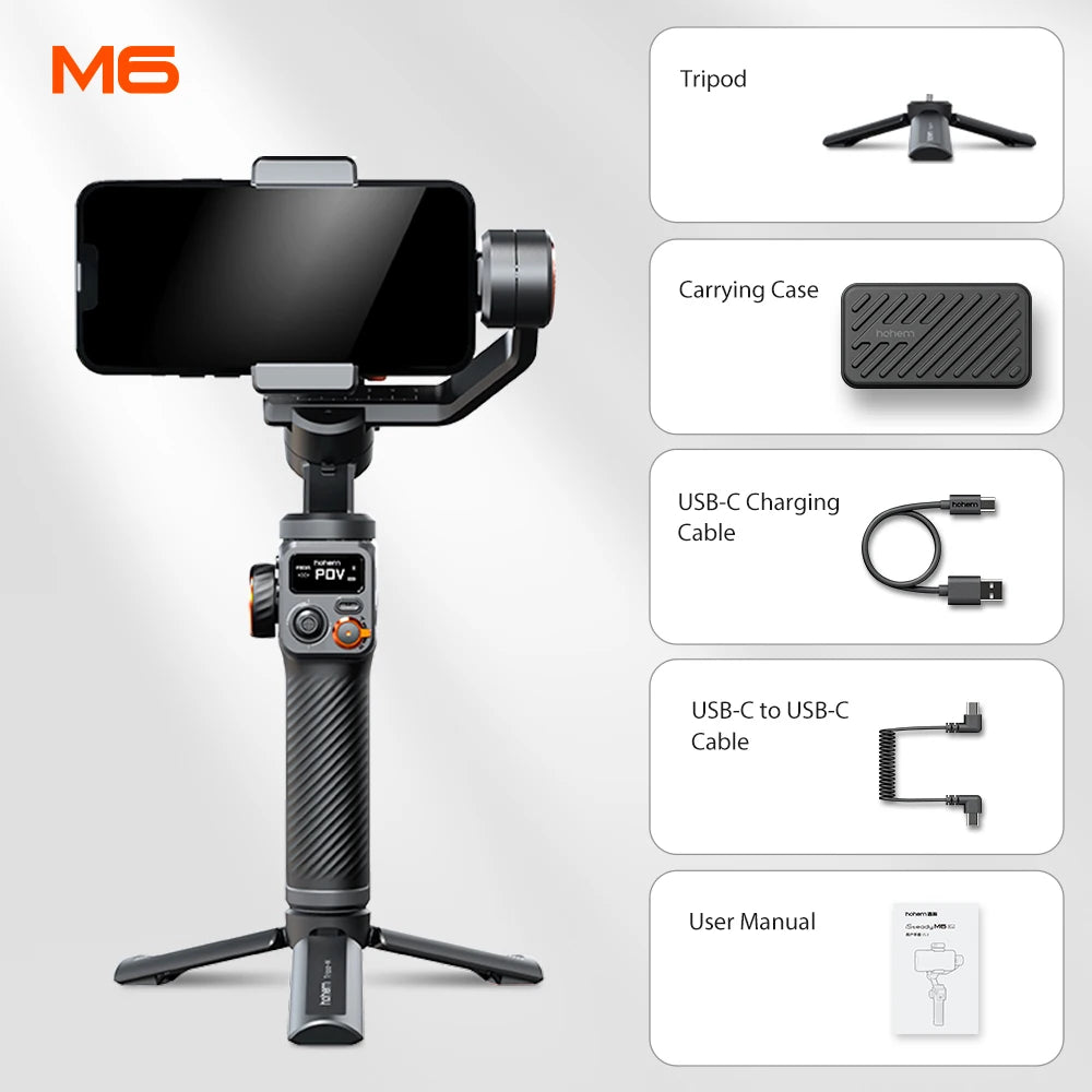 Hohem-Isteady M6 Kit Gimbal for Smartphone, 3-Axis Gimbal, AI Tracker, Fill Light, for Iphone 16 Pro Max and Android Stabilizer