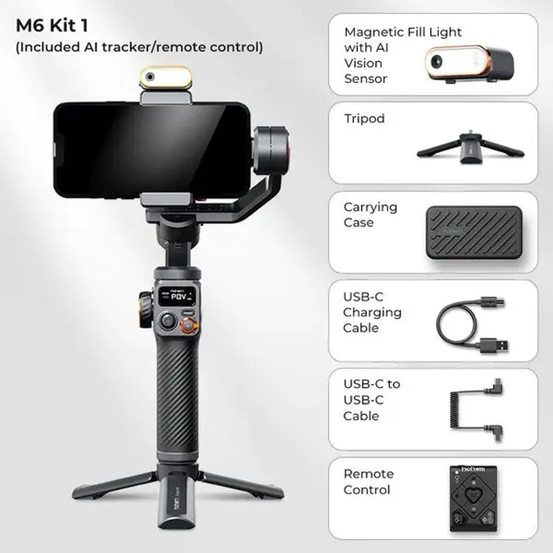 Hohem-Isteady M6 Kit Gimbal for Smartphone, 3-Axis Gimbal, AI Tracker, Fill Light, for Iphone 16 Pro Max and Android Stabilizer