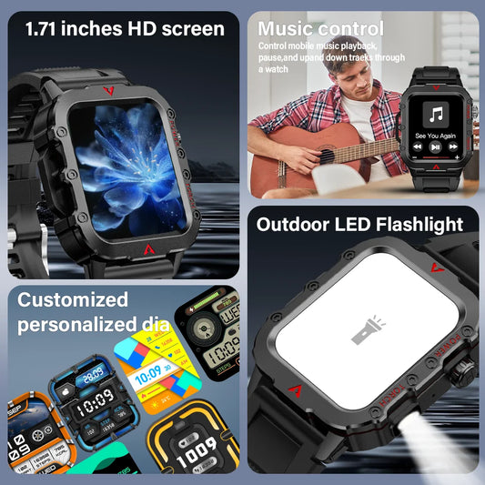 LAXASFIT Relógio inteligente esportivo masculino com tela de 1,71 polegadas, bluetooth, relógio falante, multiesporte, lanterna LED, relógio inteligente para atividades ao ar livre