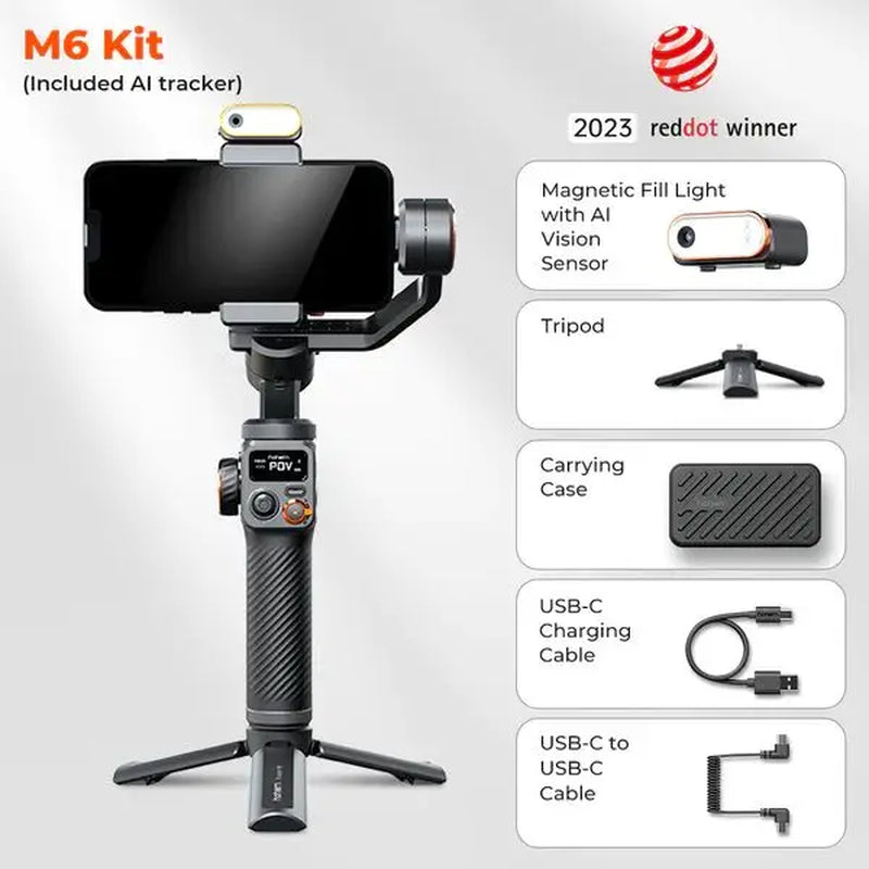Hohem-Isteady M6 Kit Gimbal for Smartphone, 3-Axis Gimbal, AI Tracker, Fill Light, for Iphone 16 Pro Max and Android Stabilizer